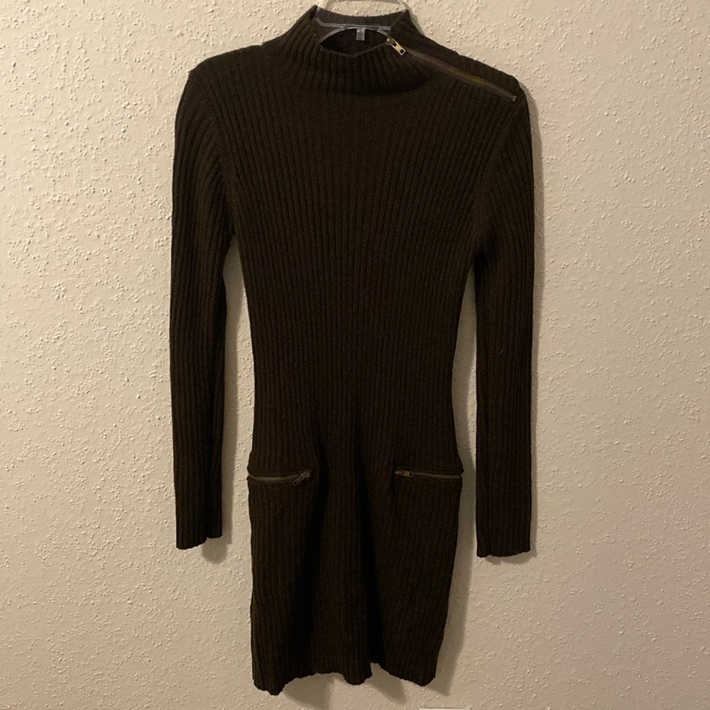 Brown Ribbed Sweater Dress